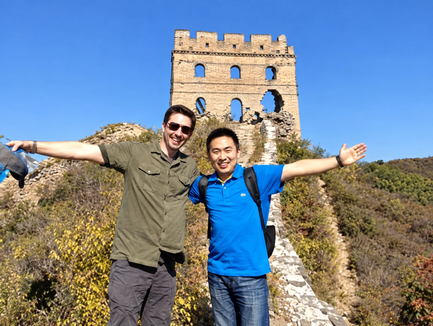 Restored archival Great Wall tour photo labeled Leo G.