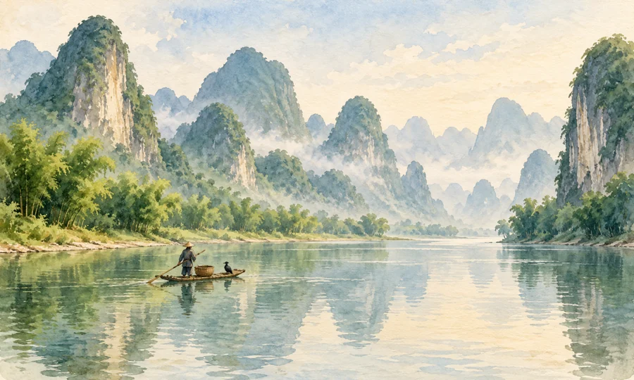 Watercolor illustration inspired by Guilin and the Li River