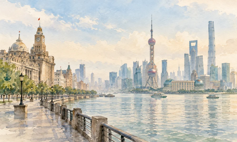 Watercolor illustration inspired by Shanghai and the Bund