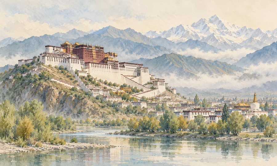 Watercolor illustration inspired by Tibet and the Himalayas