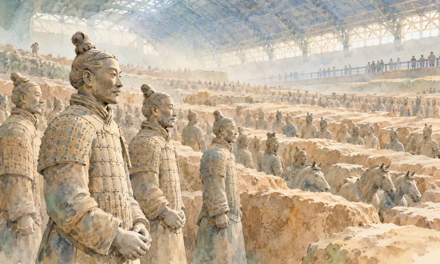 Watercolor illustration inspired by Xi’an and the Terracotta Warriors