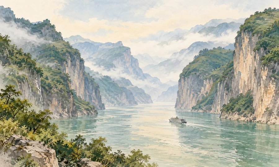 Watercolor illustration inspired by the Yangtze River and Three Gorges