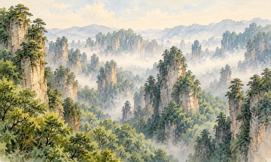 Watercolor illustration inspired by the sandstone peaks of Zhangjiajie